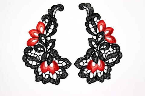 Aplikacje Gipiurowe –czerń, czerwień Elegancka Para Ozdobnych Motywów Koronkowych