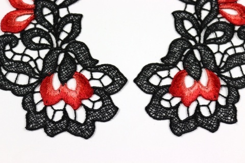 Aplikacje Gipiurowe –czerń, czerwień Elegancka Para Ozdobnych Motywów Koronkowych