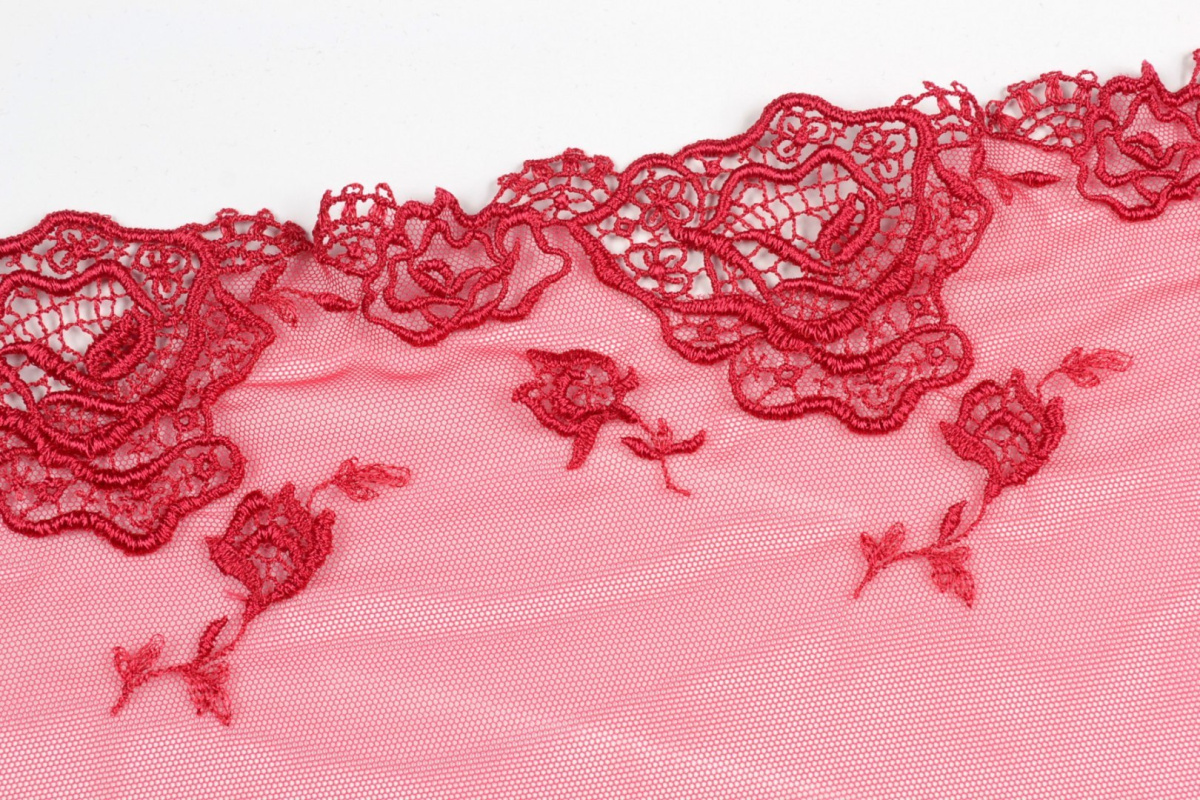 Red embroidered lace in rose pattern