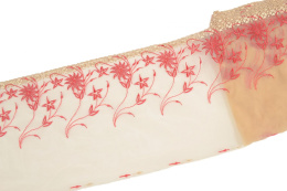 Elastyczny haft nude, czerwone kwiaty, miękki tiul 0,5mb