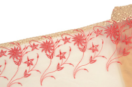 Elastyczny haft nude, czerwone kwiaty, miękki tiul 0,5mb