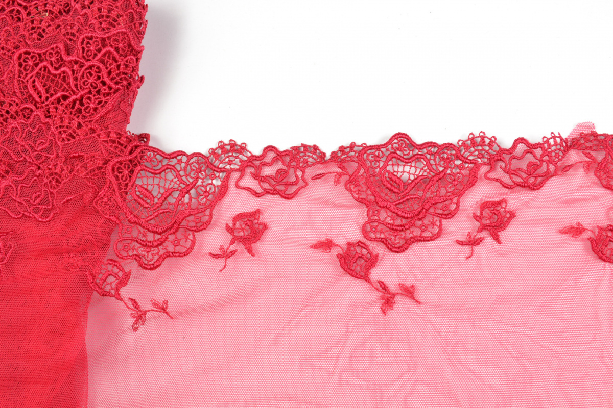 Red embroidered lace in rose pattern